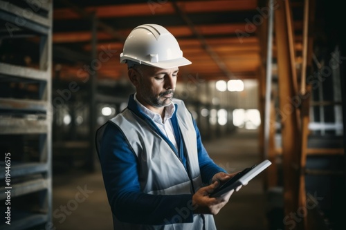 Mid adult foreman working on digital tablet in aluminum mill. Male manager reading a plan on a touchpad while being in a warehouse