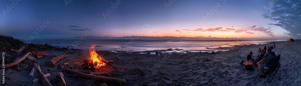 Beachside Bonfires Showcase the camaraderie and relaxation of beachside camping with images of bonfires on sandy shores Photograph campers gathering driftwood, building bonfires, and roasting marshmal