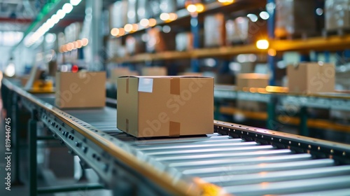 Boxes on conveyor belt in warehouse. e-commerce, delivery, automation and products. © Ajay