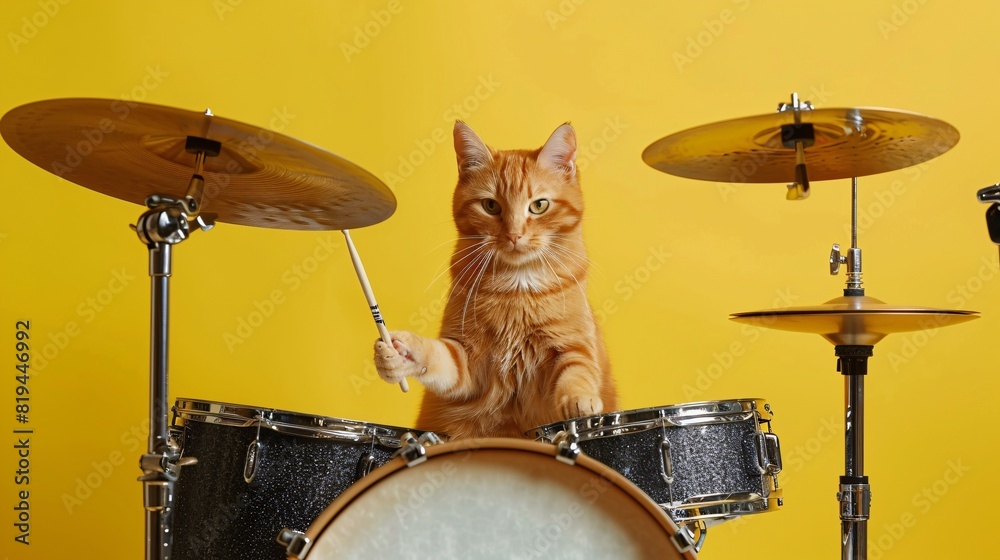 The cat plays the drums on a yellow background. The cat plays the drums on a yellow background.