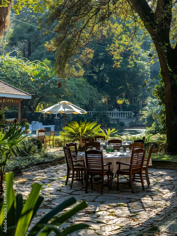 Outdoor diplomatic summit in a serene garden setting, round table discussions among international representatives