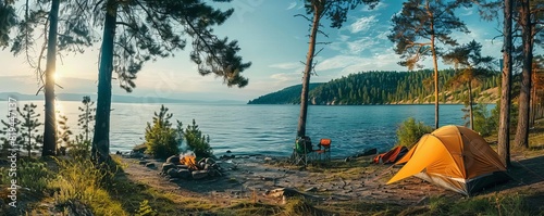 Camping by the Lakeside Capture the tranquility of camping along the shores of Lake Baikal with images of tents pitched in scenic campsites Photograph campers enjoying campfires, stargazing, and outdo photo