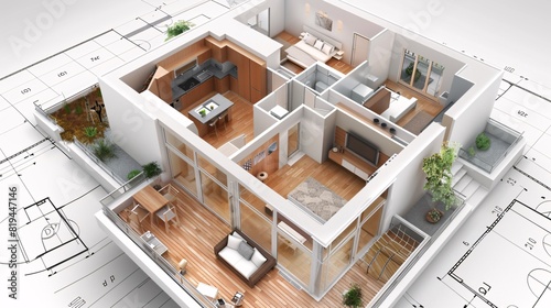 Fototapeta Naklejka Na Ścianę i Meble -  House model on a construction plan. Real estate concept. 3d rendering.