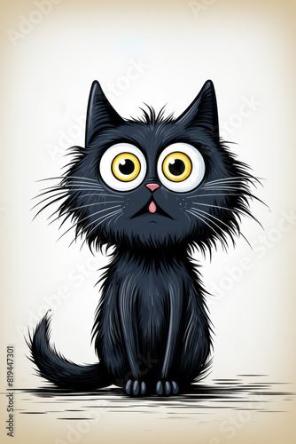 On a white background, a cartoon black cat with large yellow eyes is seated. The cat has whiskers and belongs to the Felidae family. It is a small to mediumsized terrestrial carnivorous animal