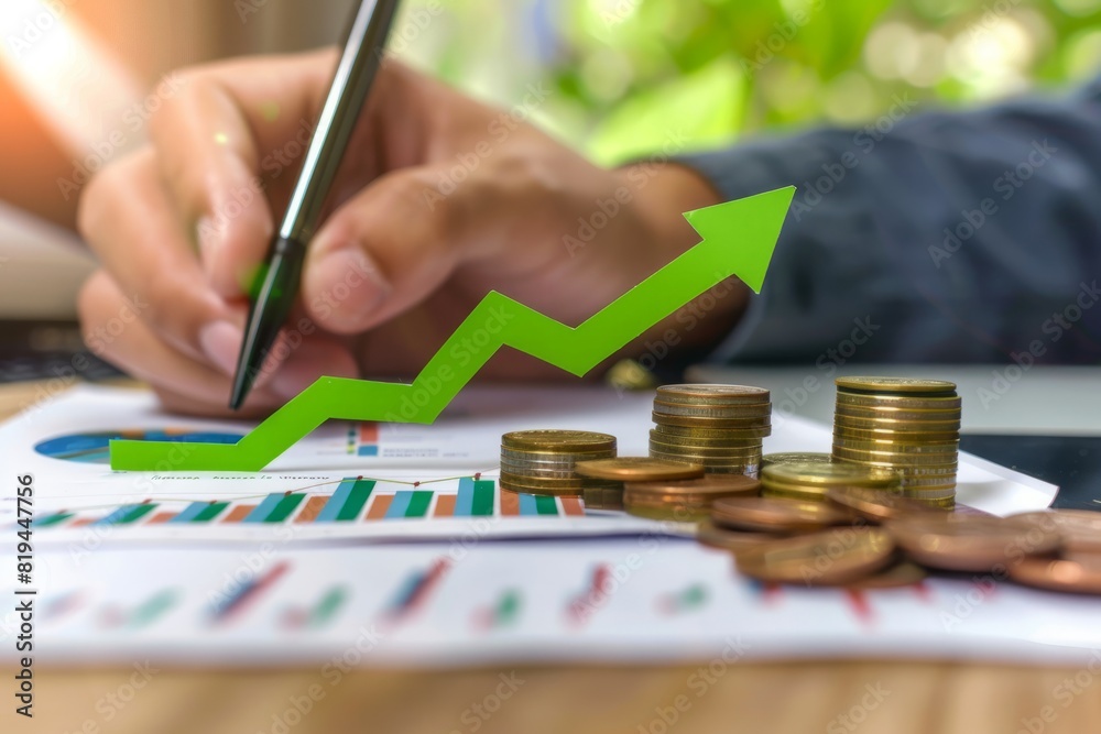 A businessman fiddles with charts and photographs of coins on a wooden table, representing financial growth concepts, digital graphic text and an arrow above the dollar sign to represent an interest c A businessman fiddles with charts and photographs of coins on a wooden table, representing financial growth concepts, digital graphic text and an arrow above the dollar sign to represent an interest c