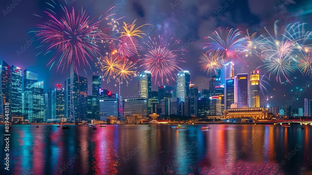 City Skylines Capture the dramatic contrast of fireworks lighting up the urban skyline against towering skyscrapers and city landmarks Photograph iconic cityscapes transformed by bursts of light and c