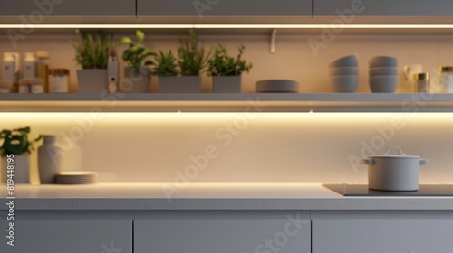 Modern kitchen interior with white cabinets and glowing shelves, evening lighting, closeup. Minimalist design concept. . Shot by Nikon D850 using high quality DSLR photo
