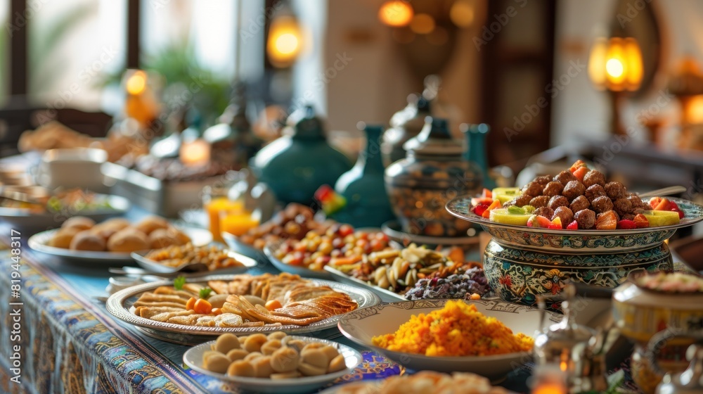 A buffet table with a variety of food, including appetizers, desserts A buffet table with a variety of food, including appetizers, desserts