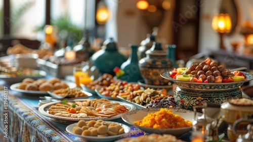 A buffet table with a variety of food  including appetizers  desserts
