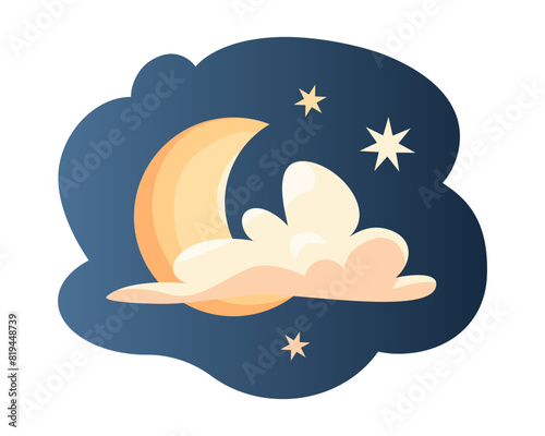 Crescent moon, golden stars and cloud on starry blue background at night. Vector illustration in cartoon style isolated on white background. Dream background design for banner, booklet, poster.