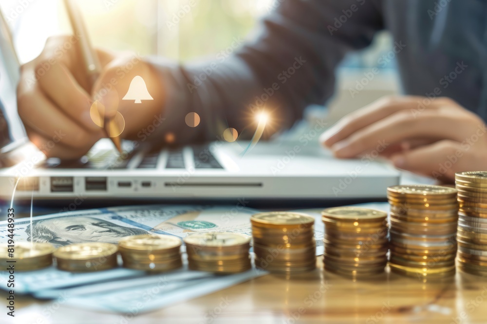 A businessman fiddles with charts and photographs of coins on a wooden table, representing financial growth concepts, digital graphic text and an arrow above the dollar sign to represent an interest c A businessman fiddles with charts and photographs of coins on a wooden table, representing financial growth concepts, digital graphic text and an arrow above the dollar sign to represent an interest c