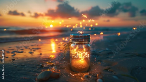 New year concept, number "2025" with light fireflies flying above glass jar on the beach at sunset sky background