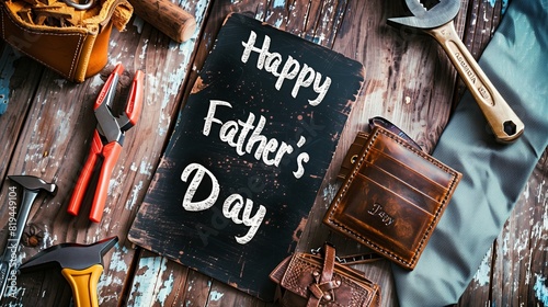 Flat lay Father's Day theme with construction tools, a leather wallet, and a tie on a rustic wooden surface, black chalkboard with 