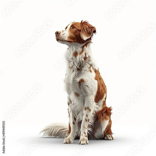 photorealistic brittany Dog sitting,front view full body, montage photography, photo