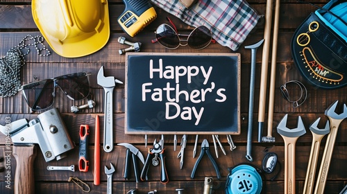 Happy Father's Day background concept with a flat lay of various construction tools and gentleman's accessories arranged neatly on a wooden background, 