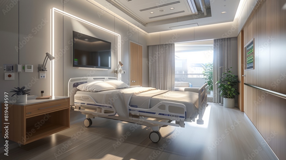 Smart hospital room in HD, featuring voice-activated controls for adjusting settings and accessing entertainment, promoting patient well-being. Smart hospital room in HD, featuring voice-activated controls for adjusting settings and accessing entertainment, promoting patient well-being.