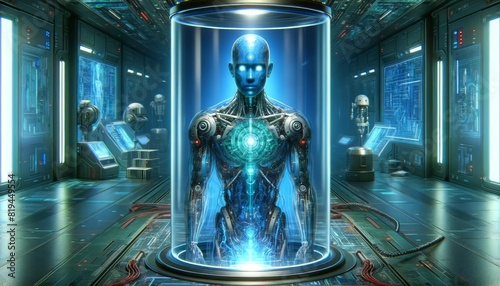 Robot in jar with glowing heart. Suitable for technology, artificial intelligence, Valentines Day, lovethemed concepts in graphic design projects.