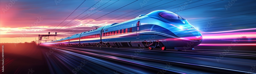 Fototapeta premium Futuristic High-Speed Train Blazes Through Twilight Landscape