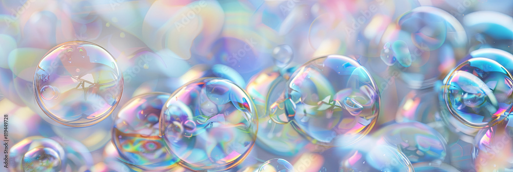 iridescent holographic soap bubbles, pastel rainbow colors, generative AI
