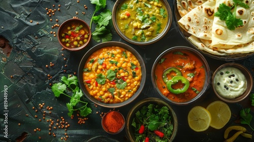 Cozy Kitchen Background with Basmati Rice, Chicken Curry, and Naan Bread