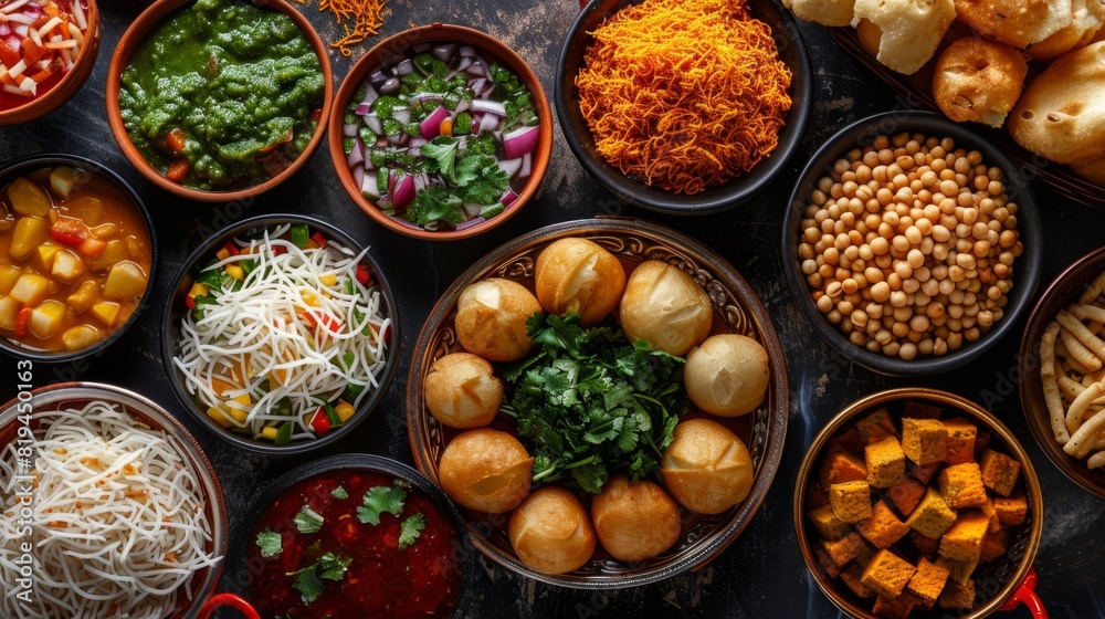 Busy Street Food Market Background with Pani Puri, Sev, and Tamarind Sauce
Busy Street Food Market Background with Pani Puri, Sev, and Tamarind Sauce
