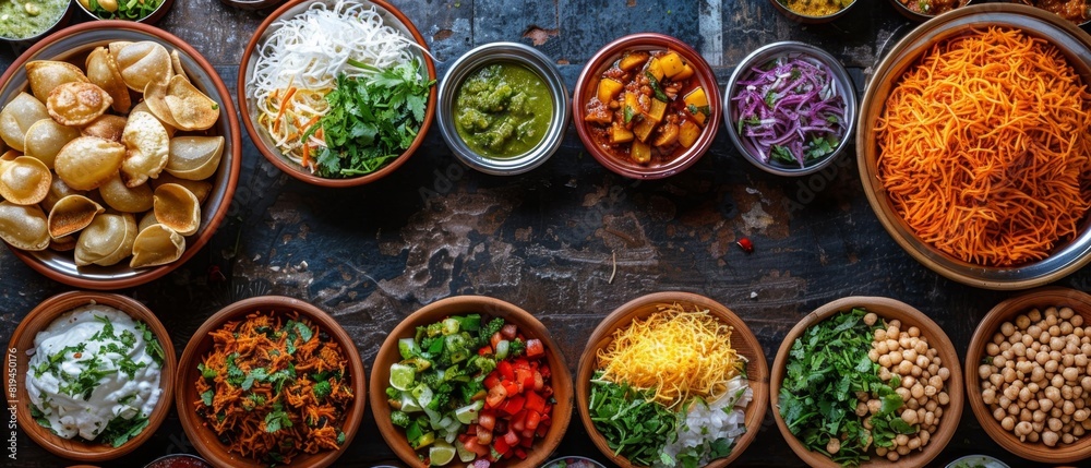 Busy Street Food Market Background with Pani Puri, Sev, and Tamarind Sauce
Busy Street Food Market Background with Pani Puri, Sev, and Tamarind Sauce
