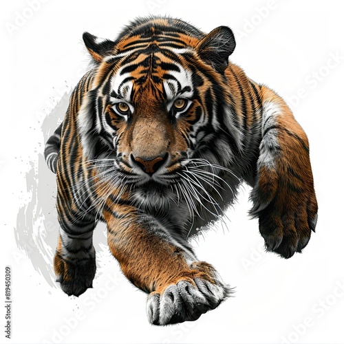 photorealistic tiger full body side angle view  from a Japanese stippling line work smoke  dynamic motion top down  white background