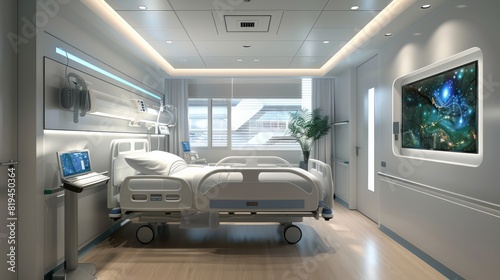 High-tech hospital room with voice-activated features for patient comfort, including entertainment, bed adjustments, and environmental controls.