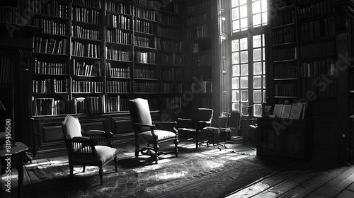 An elegant, sunlit library filled with antique books and vintage furniture, capturing a timeless sense of knowledge and tranquility. photo