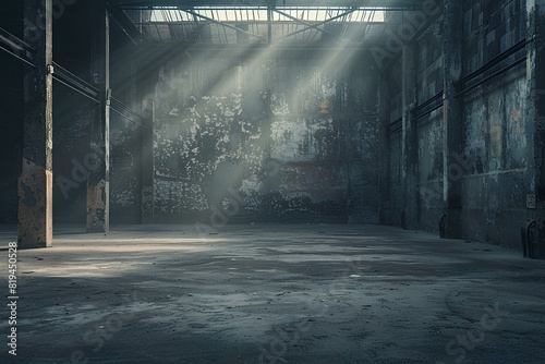 Abandoned Warehouse with Sunrays,A hauntingly beautiful scene of an abandoned warehouse, where rays of sunlight filter through the broken roof, illuminating the dusty floor.