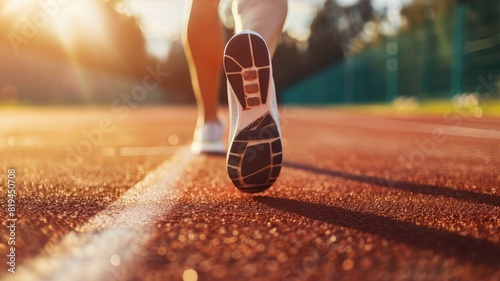 Close-up of person running on track at sunset