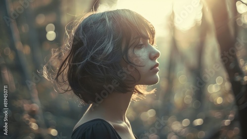 Young woman with short hair looks pensive in sunlit forest photo