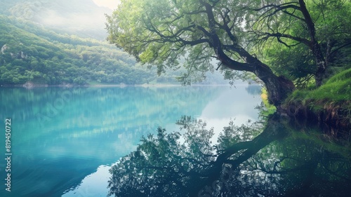 Serene lake with lush greenery  tree reflections  clear blue water  mountainous backdrop under misty skies