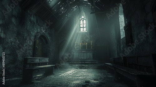 Sunlit Gothic Cathedral Interior,A dramatic interior shot of a Gothic cathedral with beams of sunlight streaming through tall arched windows, highlighting the architectural grandeur. photo