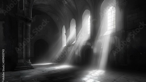 Sunlit Gothic Cathedral Interior,A dramatic interior shot of a Gothic cathedral with beams of sunlight streaming through tall arched windows, highlighting the architectural grandeur. photo