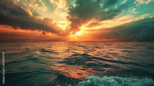 Dramatic sunset over ocean with vibrant colors and waves