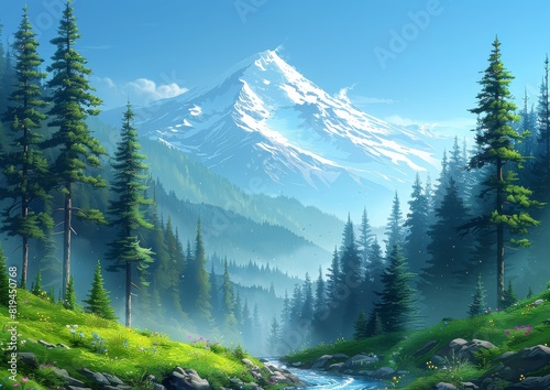 Stunning Mountain Landscape with Snow-covered Peaks, Lush Green Forest, and Serene River on a Clear Blue Sky Day in Nature