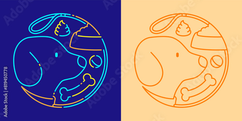 Pet shop logo Dog, food, poo, ball and bone in circle frame shape by dog leash icon editable stroke dash line doodle design minimal illustration isolated 2 tones dark blue and cream color background
