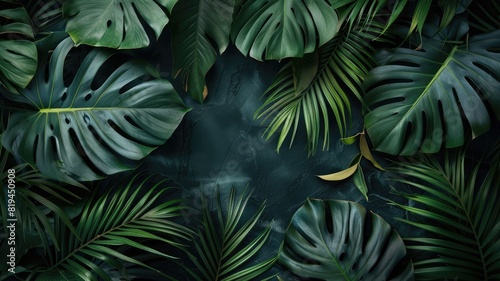 Dense tropical foliage with array of green leaves Dark background
