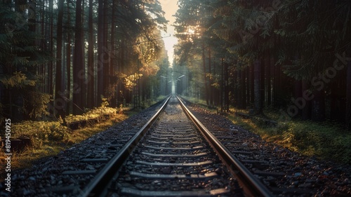 Sunlit railway through forest, dense greenery, tranquil atmosphere