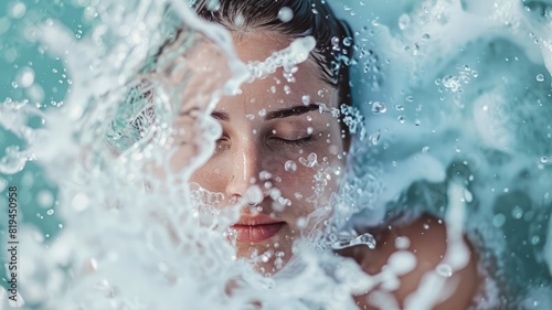 Close-up of white woman with closed eyes surrounded by splashing water, serene and refreshing ambiance photo