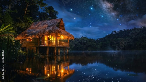 Photo of night view of a wooden bungalow with a thatched roof and wood columns at a lake in a jungle, with a starry sky and reflections in the water, and warm light from the windows.