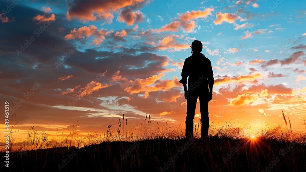 Person stands on grassy hill gazing at vibrant sunset sky