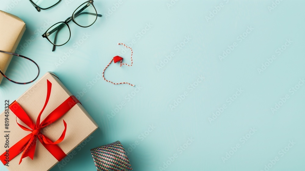 Happy Fathers Day gift box, necktie, glasses on pastel blue background. Flat lay, top view, copy space. Happy Fathers Day gift box, necktie, glasses on pastel blue background. Flat lay, top view, copy space.
