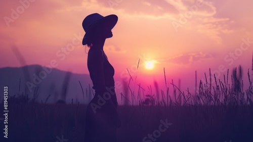 Silhouette of woman in field during sunset photo