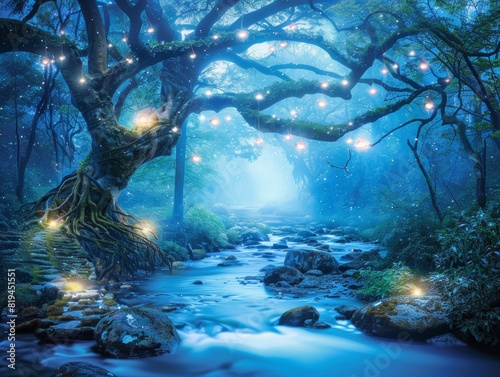 Enchanting forest with glowing lights  mystical tree by a serene stream under a magical blue night sky. Perfect for fantasy themed projects.