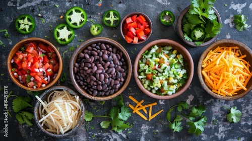 Rustic Kitchen Background with Black Beans, Cheese, and Jalapeños