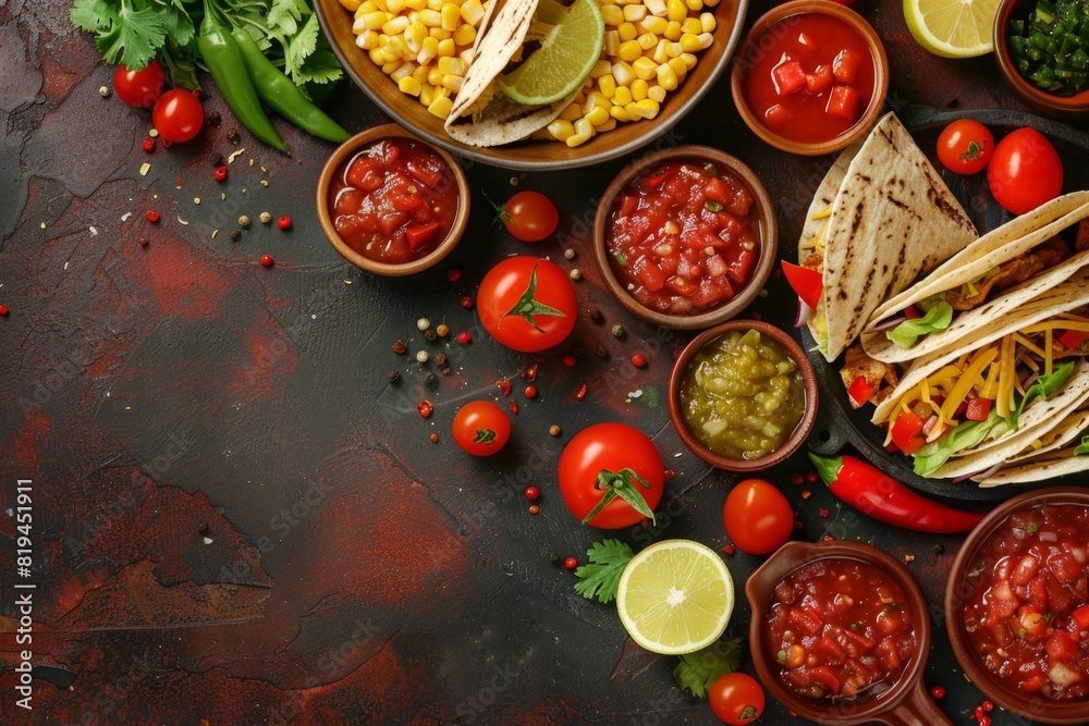 Festive Fiesta Background with Corn Tortillas, Grilled Chicken, and Salsa

