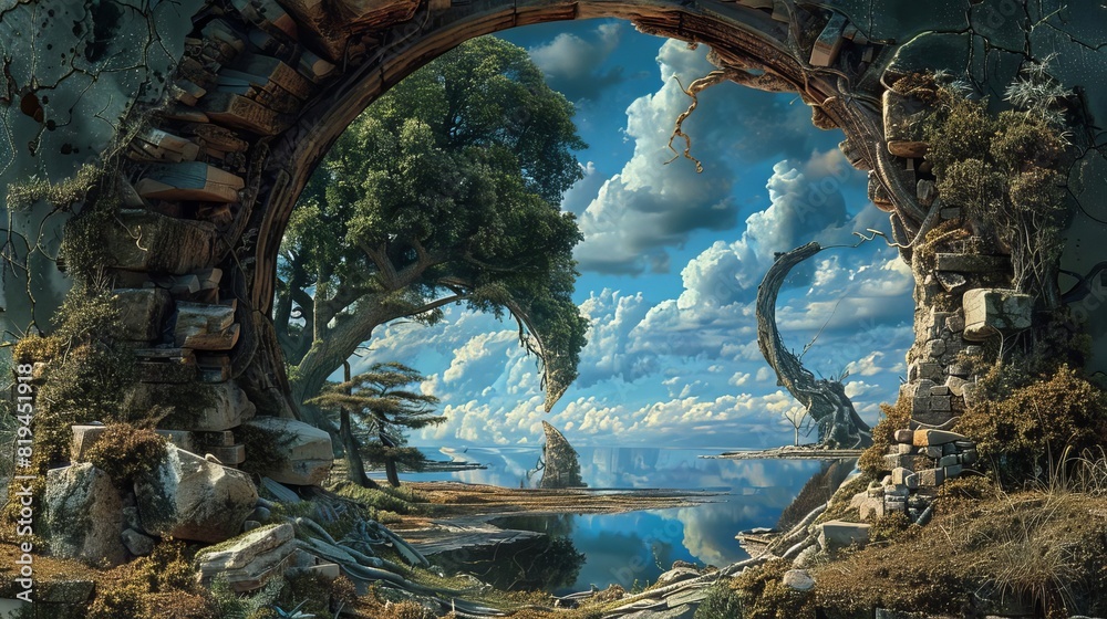 Fototapeta premium Create a surreal illustration of a mirror world where reality is reflected in reverse