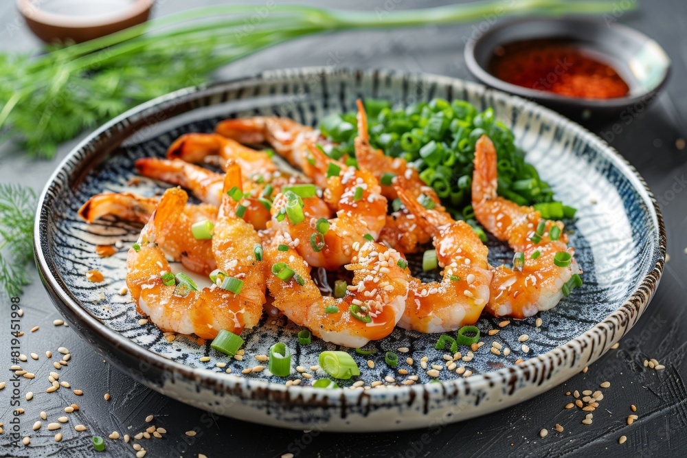 Ceramic Plate Background with Tempura, Teriyaki Sauce, and Scallions
Ceramic Plate Background with Tempura, Teriyaki Sauce, and Scallions